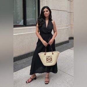 Zara Black Linen Blend Beaded Belt Midi Halter Dress (Size Small)